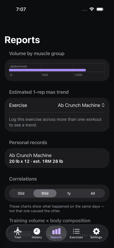 Datum workout tracker app, reports screen
